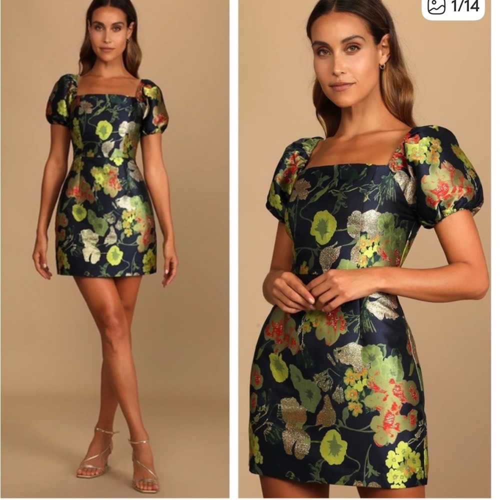 New Lulus So Stunning Navy Blue Floral Jacquard Puff Sleeve Mini Dress